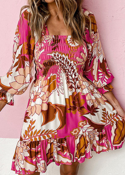 Beautiful Rose Square Collar Wrinkled Mid Dress Fall