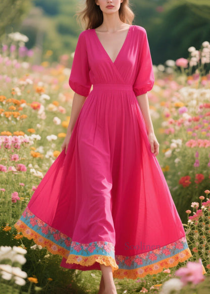Beautiful Rose V Neck Patchwork Exra Large Hem Cotton Dresses Summer