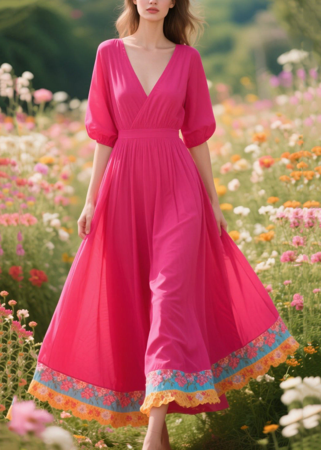 Beautiful Rose V Neck Patchwork Exra Large Hem Cotton Dresses Summer