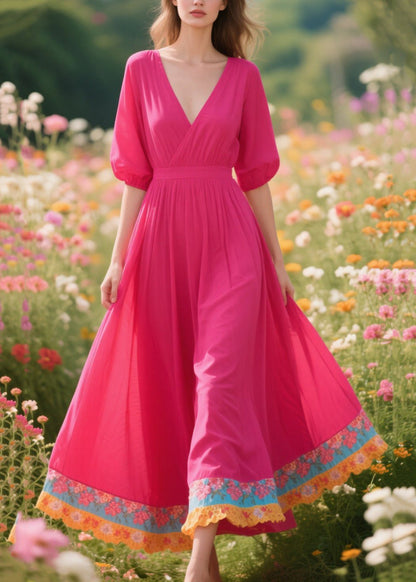 Beautiful Rose V Neck Patchwork Exra Large Hem Cotton Dresses Summer