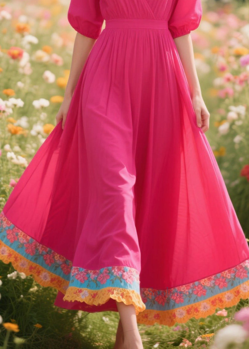 Beautiful Rose V Neck Patchwork Exra Large Hem Cotton Dresses Summer