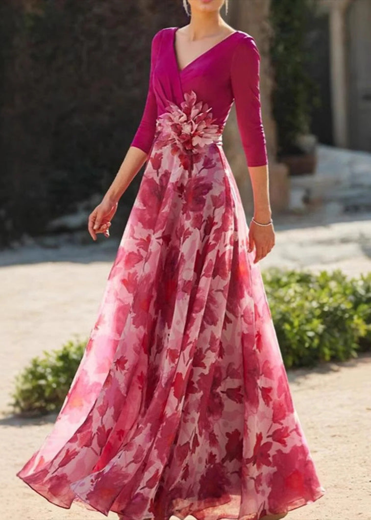 Beautiful Rose V Neck Print Chiffon Long Dresses Spring