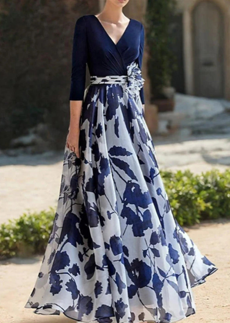 Beautiful Rose V Neck Print Chiffon Long Dresses Spring