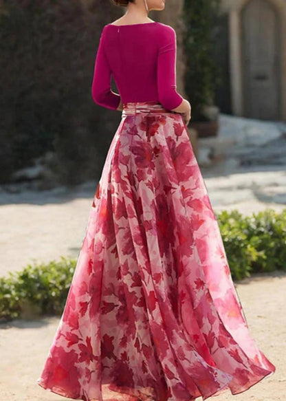Beautiful Rose V Neck Print Chiffon Long Dresses Spring