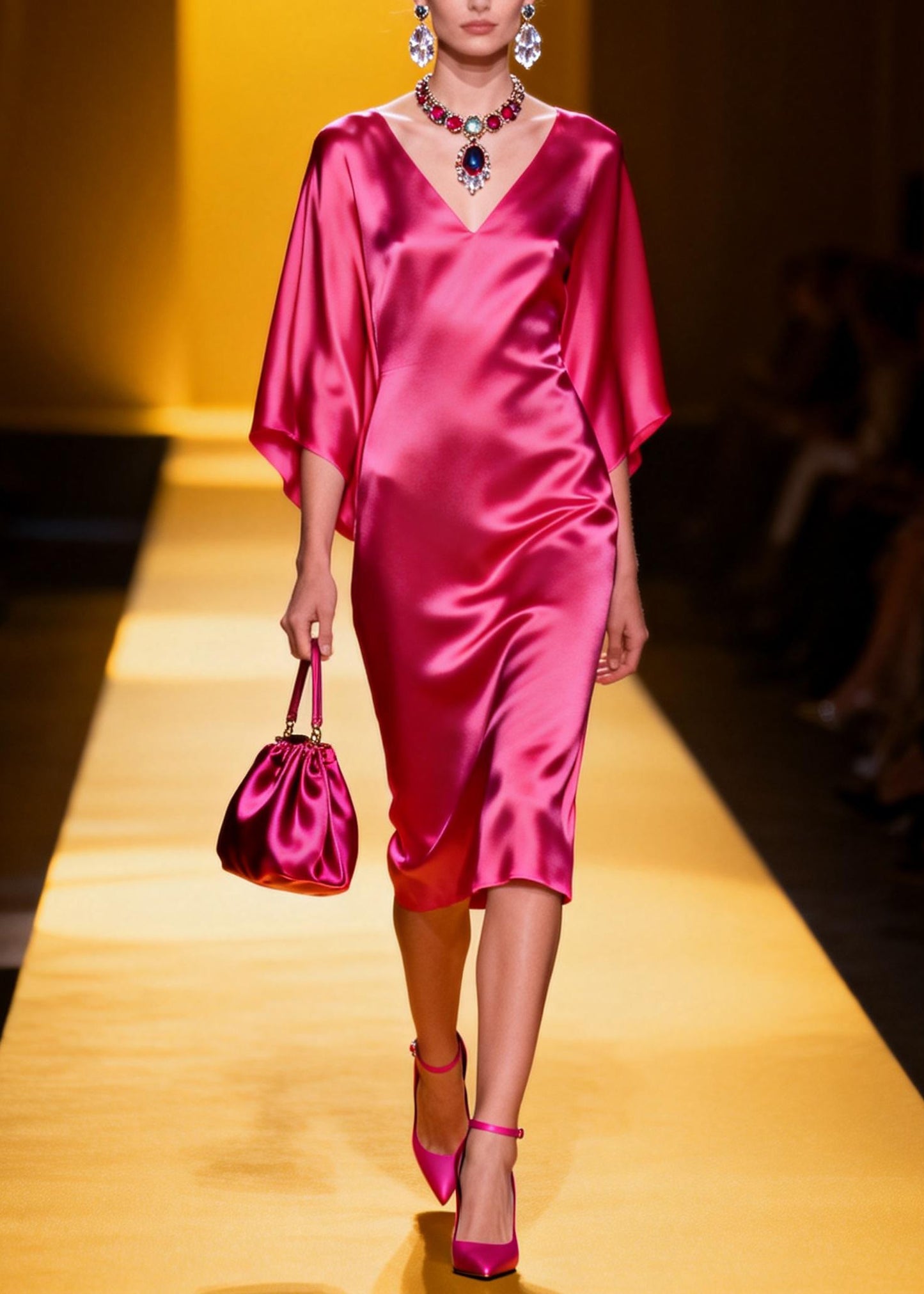 Beautiful Rose V Neck Silk Maxi Dresses Batwing Sleeve