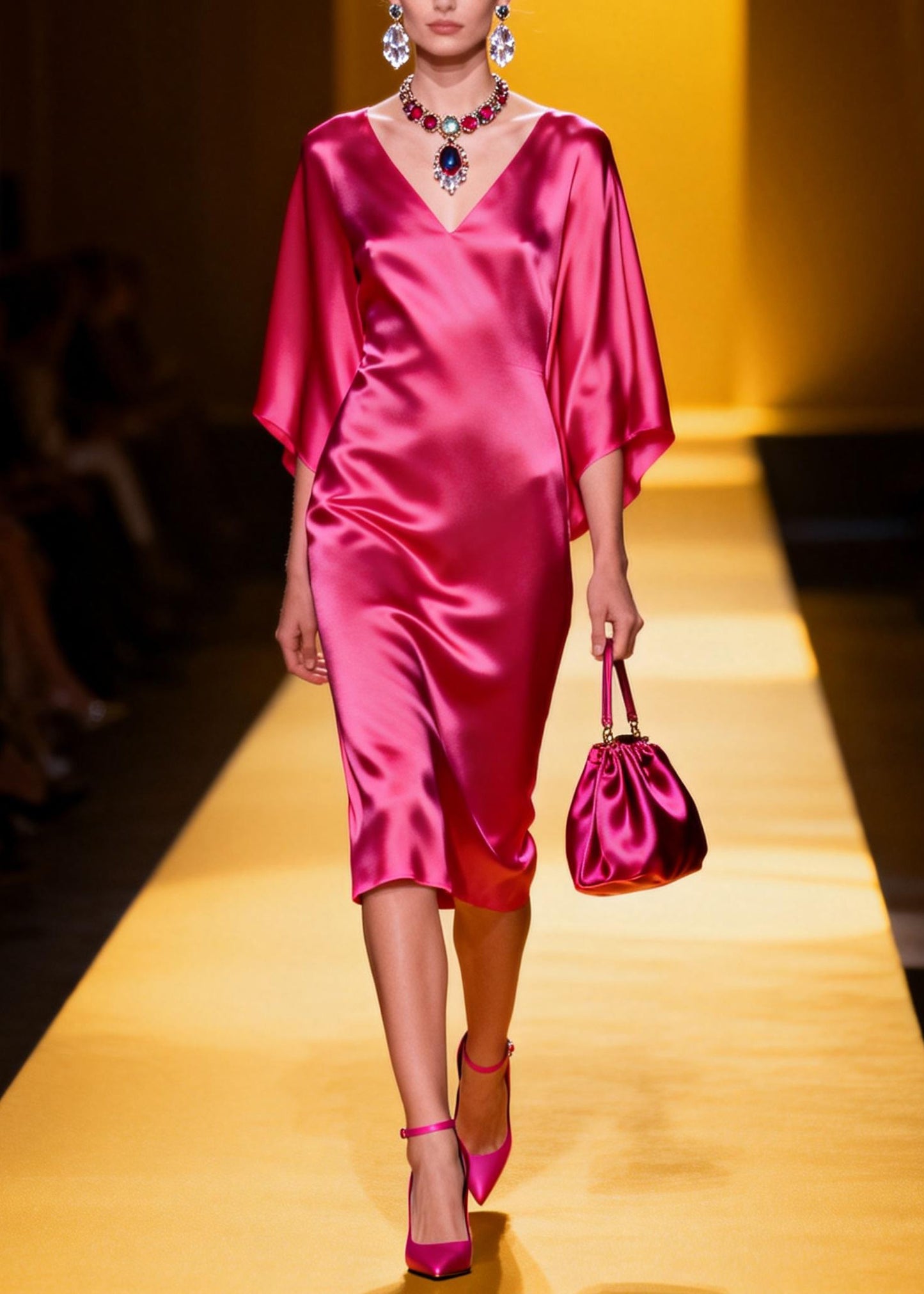 Beautiful Rose V Neck Silk Maxi Dresses Batwing Sleeve