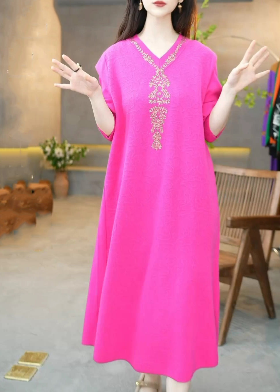 Beautiful Rose V Neck Zircon Knit Long Dress Winter