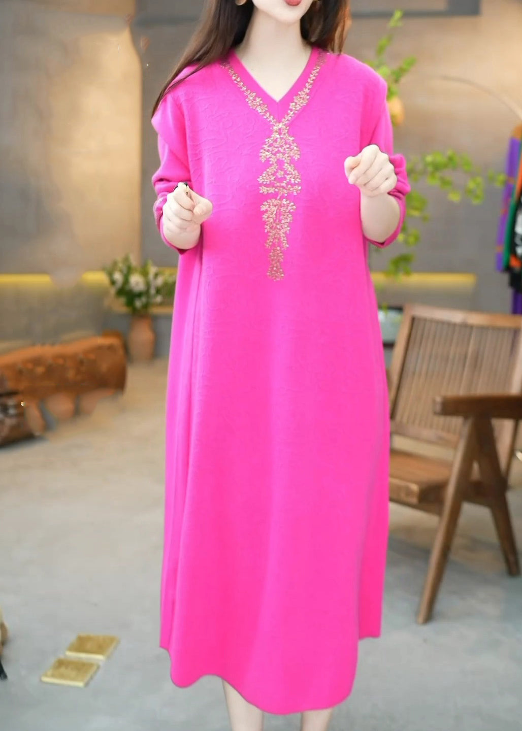 Beautiful Rose V Neck Zircon Knit Long Dress Winter