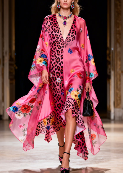 Beautiful Ruffled Asymmetrical Design Print Silk Long Dress Summer