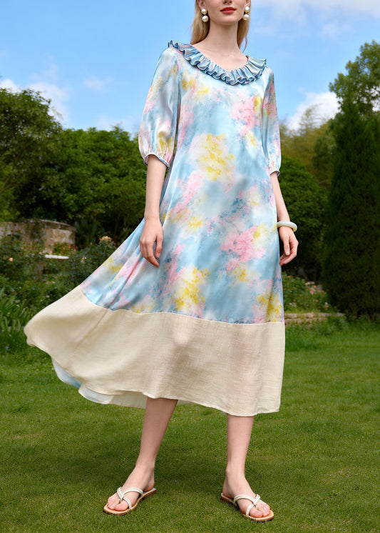 Beautiful Ruffled Print Patchwork Linen Silk Long Dresses Summer