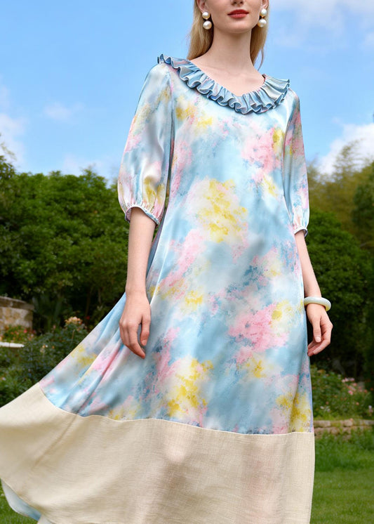 Beautiful Ruffled Print Patchwork Linen Silk Long Dresses Summer