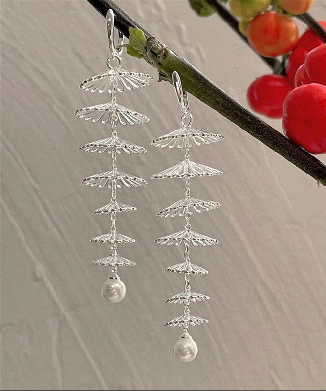 Beautiful Silk Copper Overgild Hollow Out Floral Pearl Drop Earrings