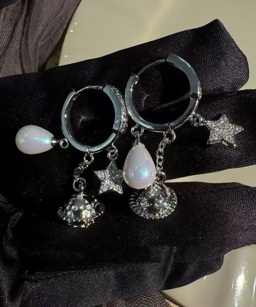 Beautiful Silk Copper Overgild Zircon Planet Pearl Tassel Drop Earrings