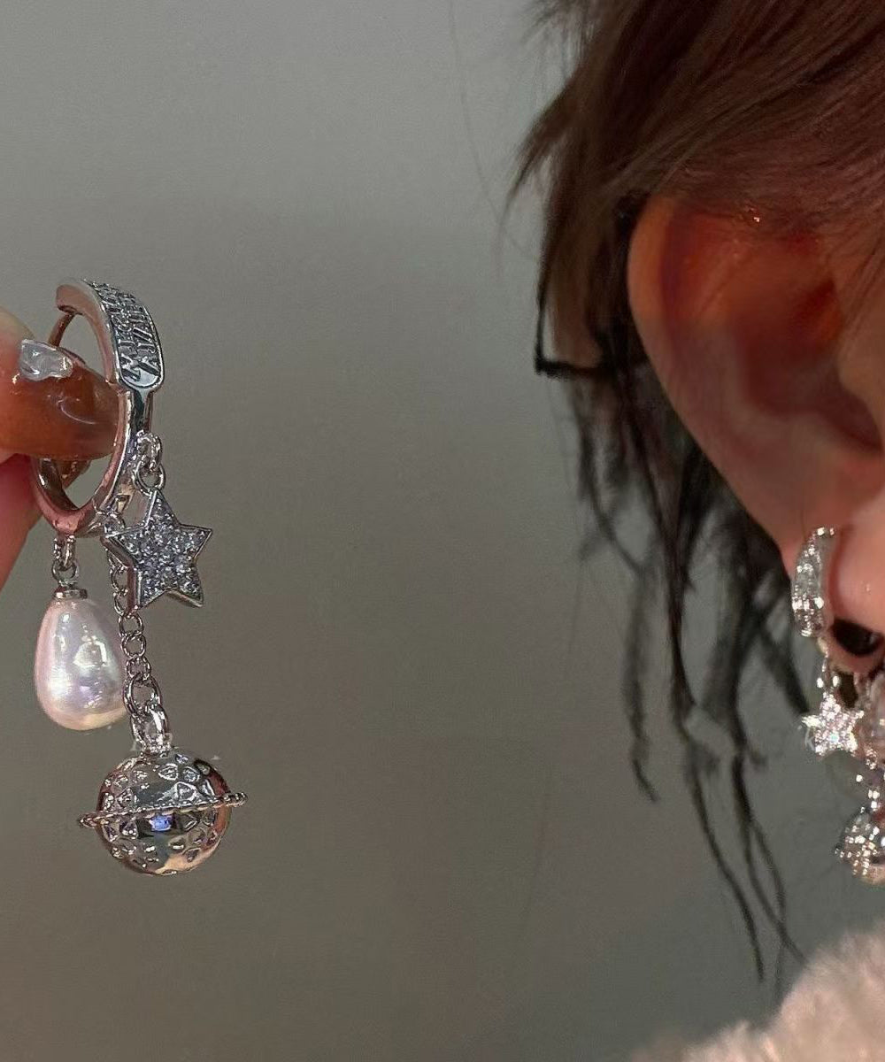 Beautiful Silk Copper Overgild Zircon Planet Pearl Tassel Drop Earrings