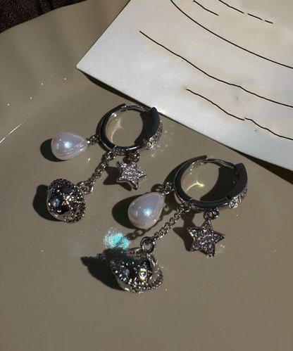 Beautiful Silk Copper Overgild Zircon Planet Pearl Tassel Drop Earrings