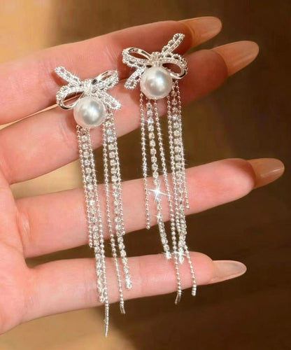 Beautiful Silk Zircon Alloy Pearl Bow Tassel Drop Earrings