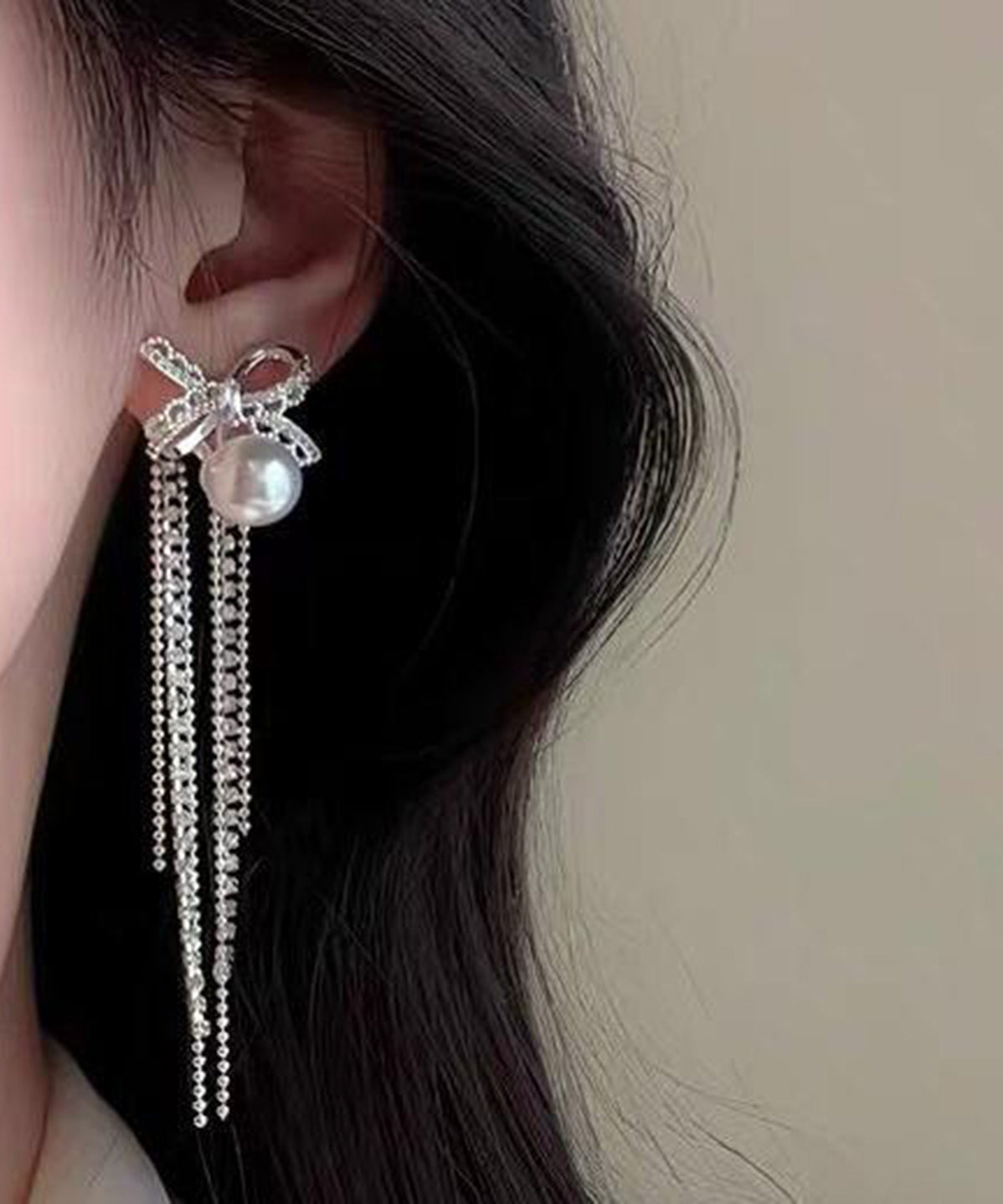 Beautiful Silk Zircon Alloy Pearl Bow Tassel Drop Earrings
