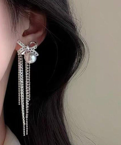 Beautiful Silk Zircon Alloy Pearl Bow Tassel Drop Earrings
