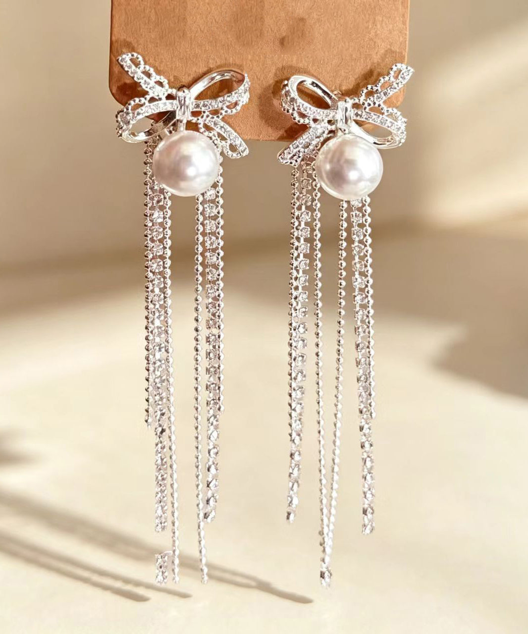 Beautiful Silk Zircon Alloy Pearl Bow Tassel Drop Earrings