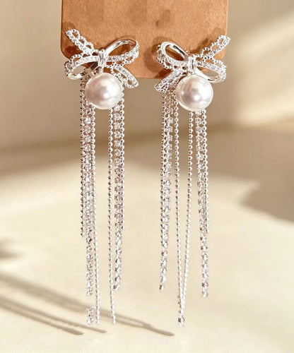 Beautiful Silk Zircon Alloy Pearl Bow Tassel Drop Earrings