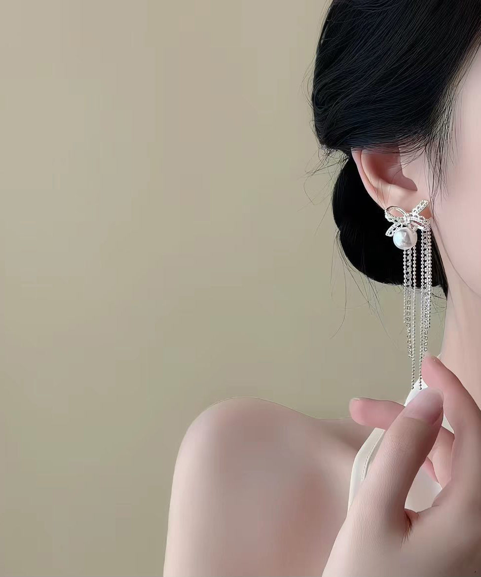 Beautiful Silk Zircon Alloy Pearl Bow Tassel Drop Earrings