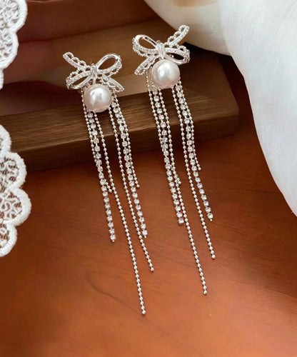 Beautiful Silk Zircon Alloy Pearl Bow Tassel Drop Earrings