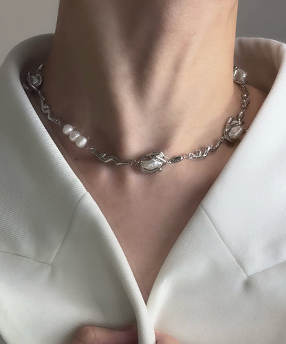 Beautiful Silvery Asymmetrical Design Pearl Metal Choker