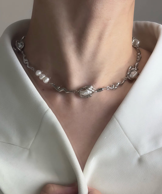 Beautiful Silvery Asymmetrical Design Pearl Metal Choker