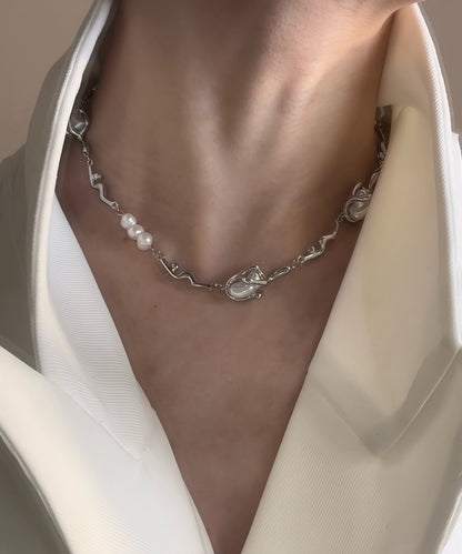 Beautiful Silvery Asymmetrical Design Pearl Metal Choker