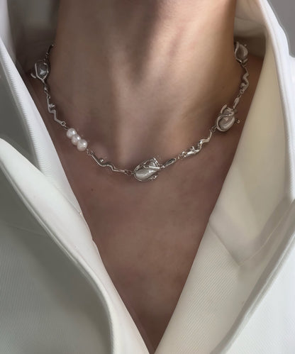 Beautiful Silvery Asymmetrical Design Pearl Metal Choker
