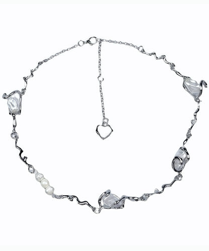 Beautiful Silvery Asymmetrical Design Pearl Metal Choker