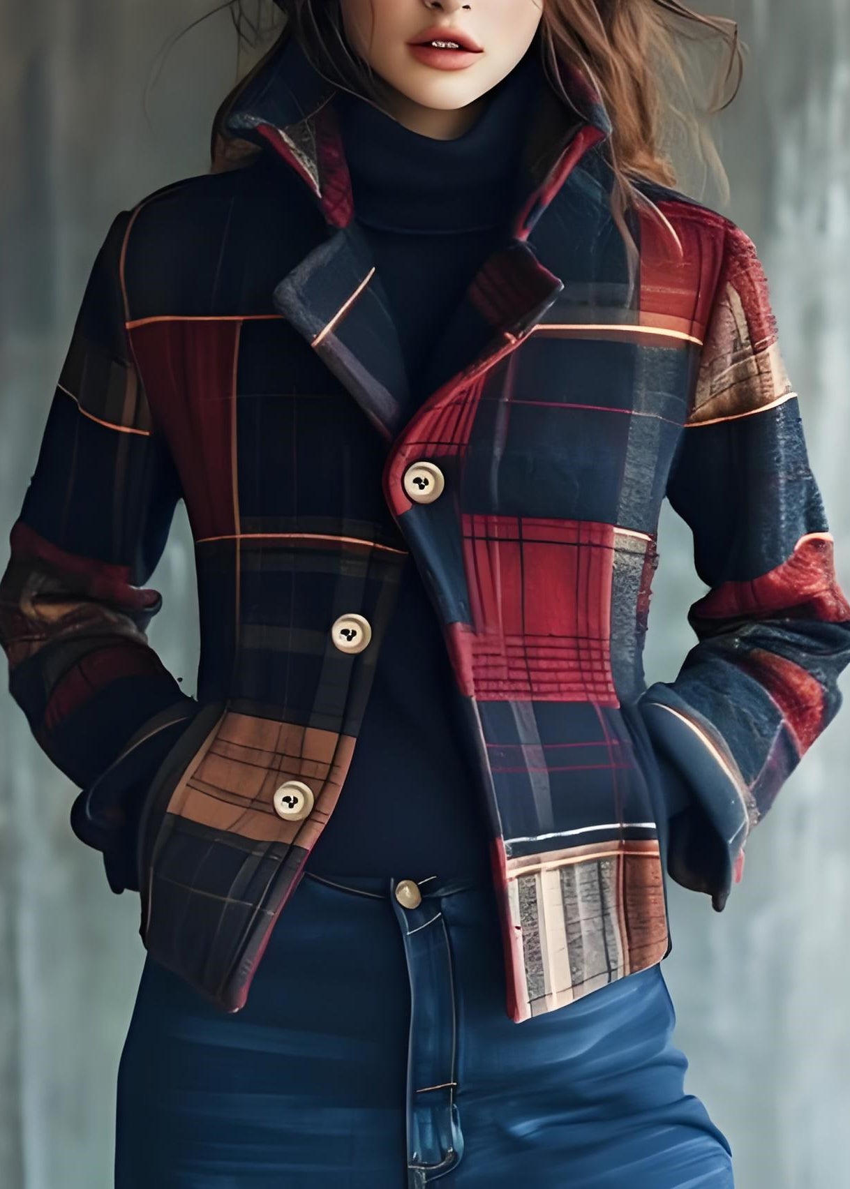 Beautiful Stand Collar Pockets Plaid Woolen Coats Fall