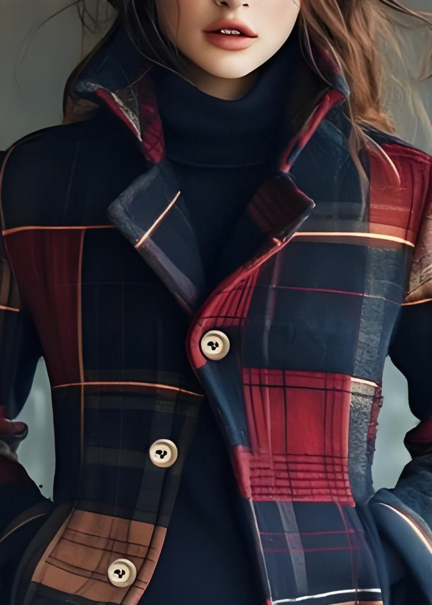 Beautiful Stand Collar Pockets Plaid Woolen Coats Fall