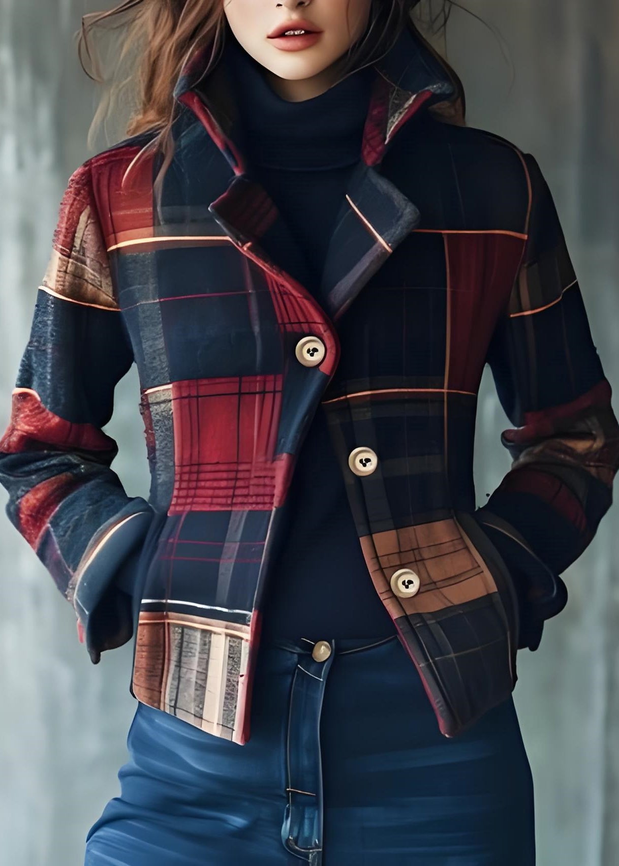 Beautiful Stand Collar Pockets Plaid Woolen Coats Fall