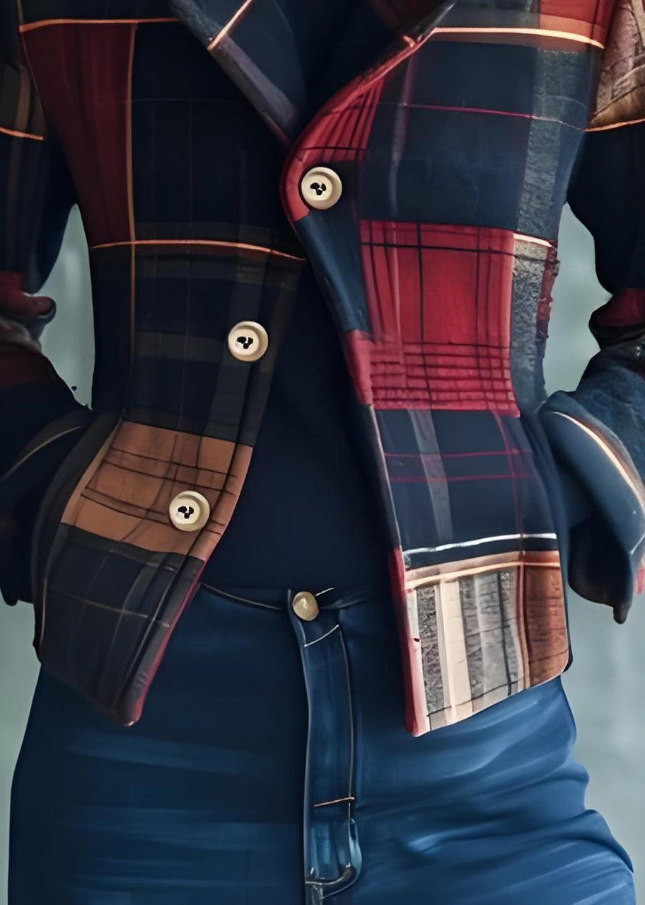 Beautiful Stand Collar Pockets Plaid Woolen Coats Fall