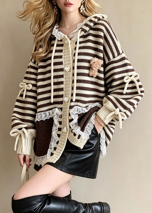 Beautiful Striped Drawstring Bow Lace Patchwork Cotton Knit Hooded Cardigan Long Sleeve
