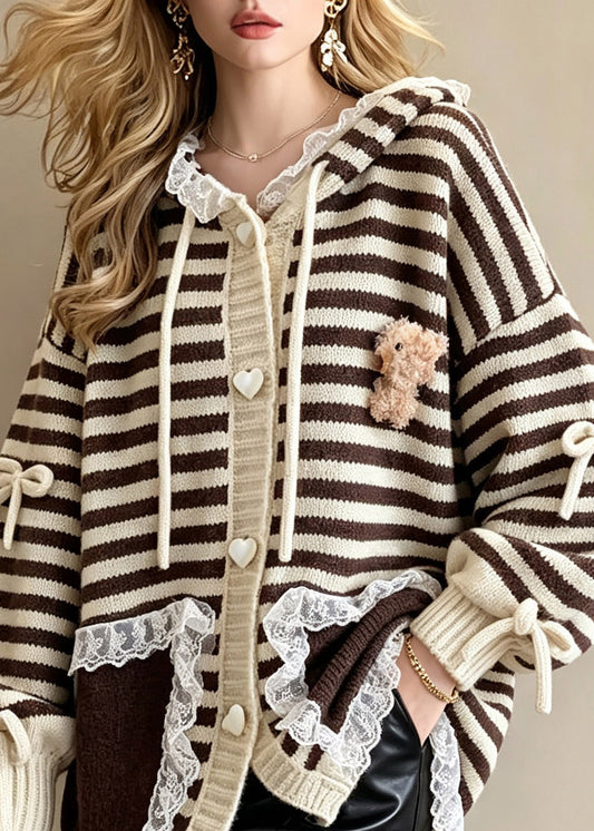 Beautiful Striped Drawstring Bow Lace Patchwork Cotton Knit Hooded Cardigan Long Sleeve