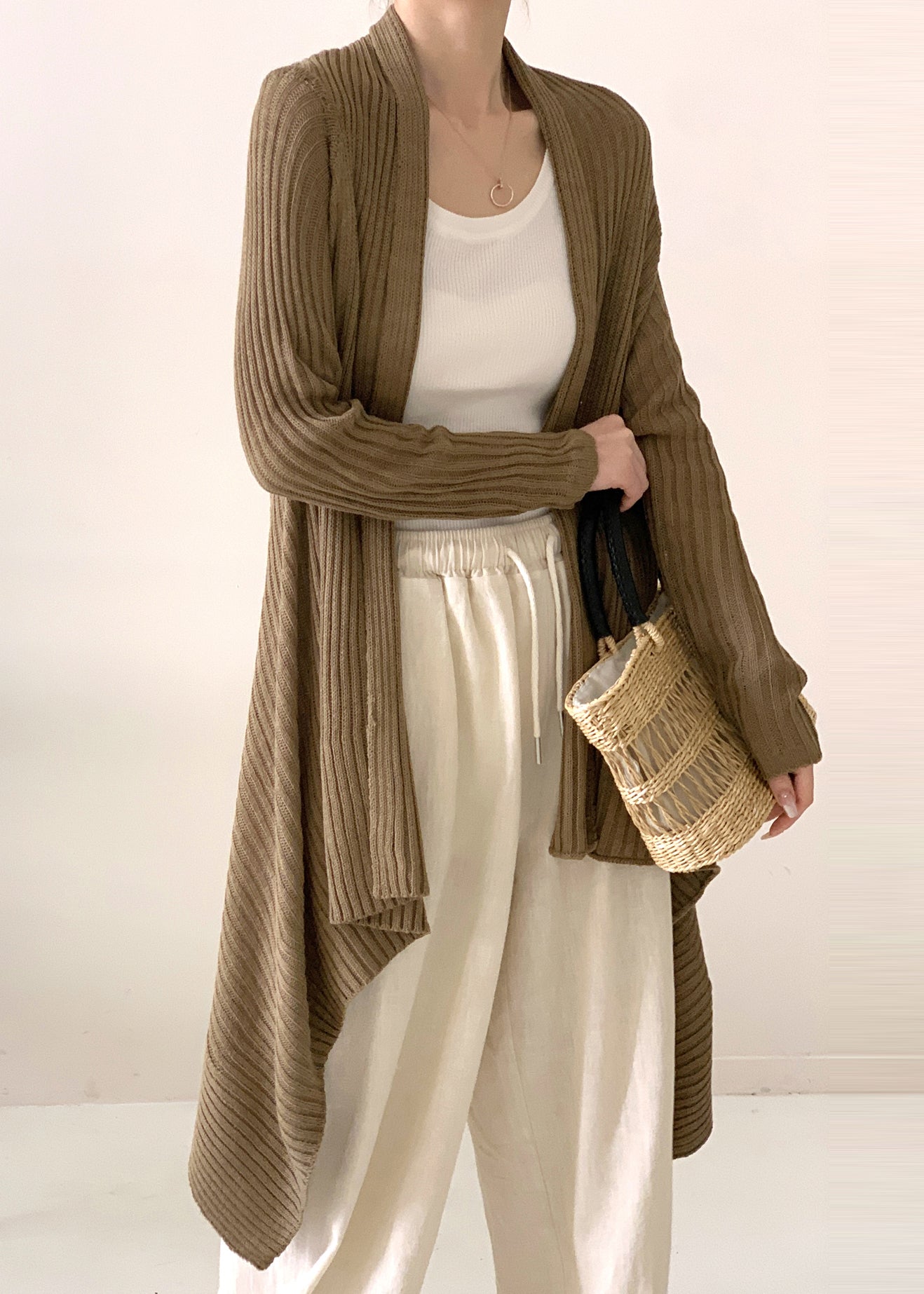 Beautiful Tea Green Asymmetrical Ice Silk Knit Cardigan Spring