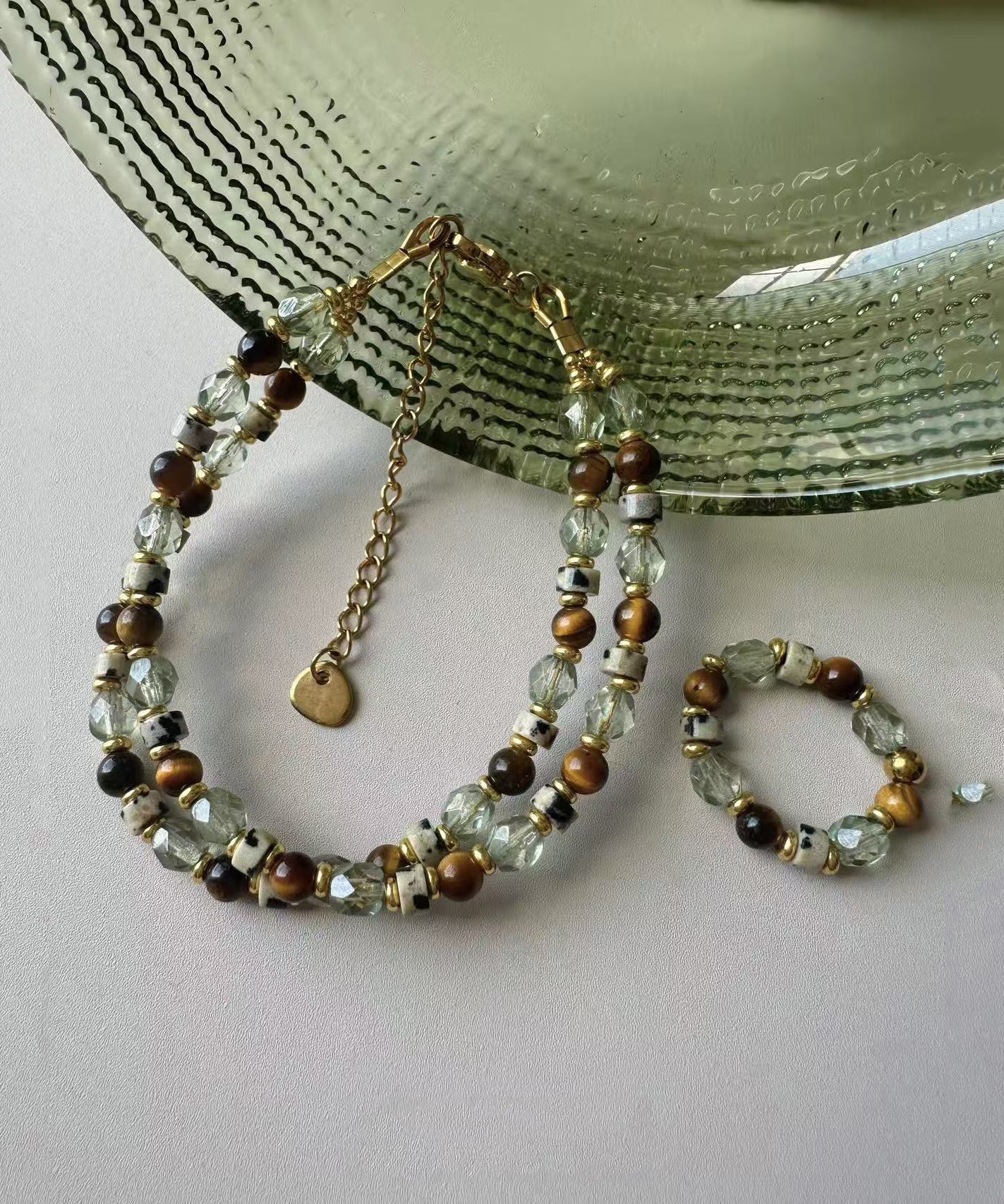 Beautiful Tiger Eye Czech Glass Beading Rings Charm Bracelet Two Piece Set
