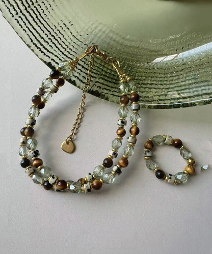 Beautiful Tiger Eye Czech Glass Beading Rings Charm Bracelet Two Piece Set