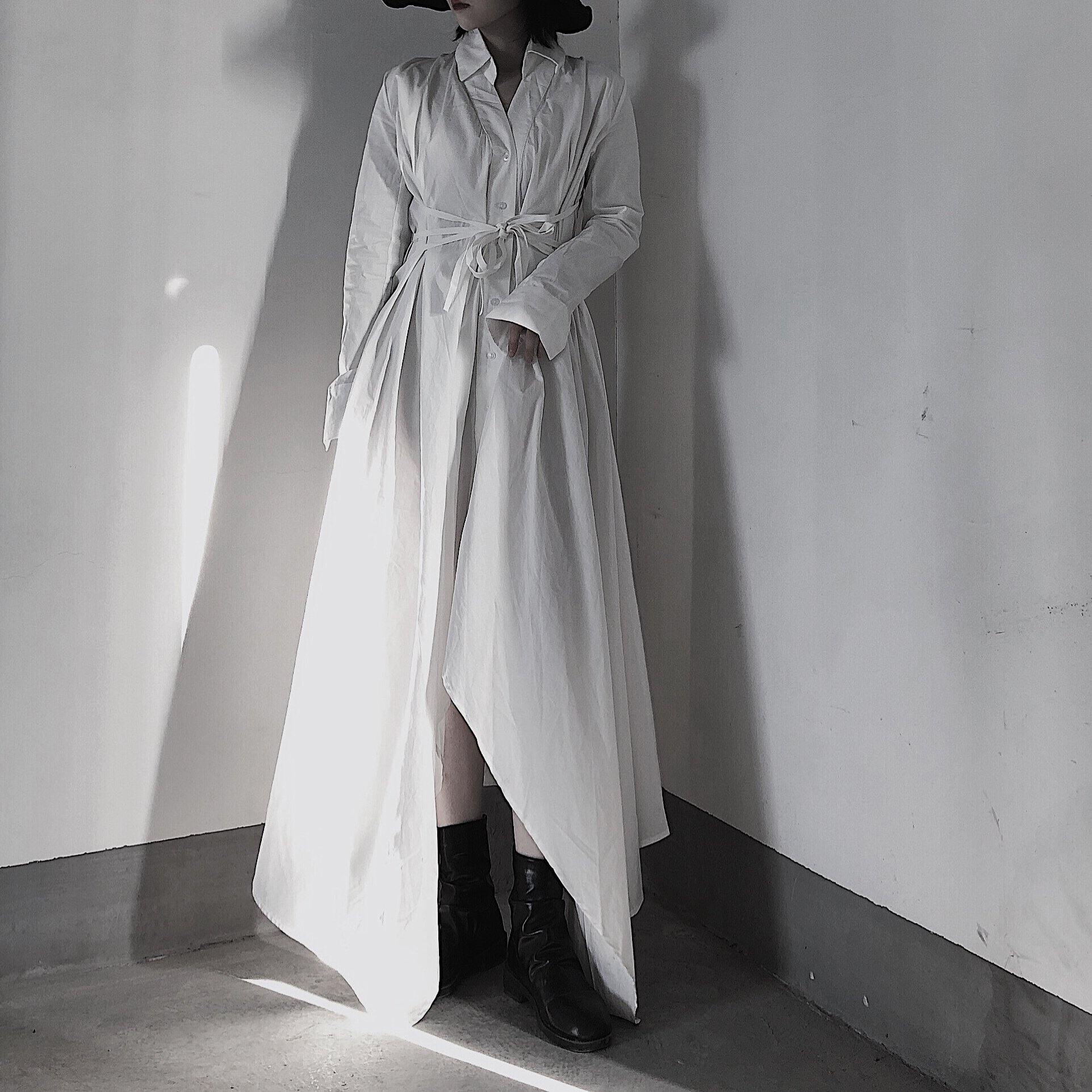 Beautiful V Neck Asymmetric Spring Quilting Clothes Catwalk White Art Dresses - SooLinen