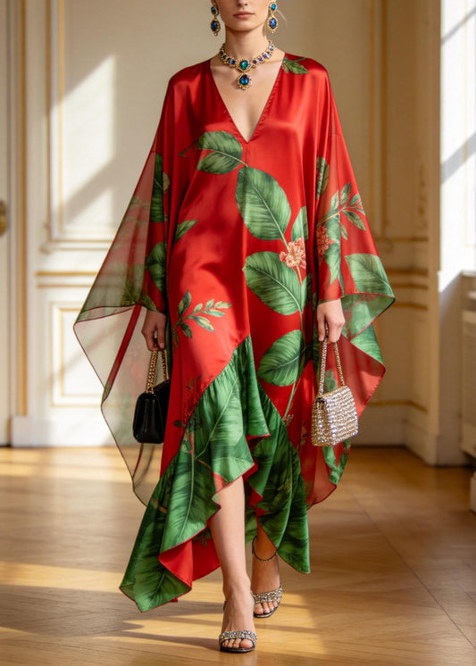 Beautiful V Neck Asymmetrical Design Print Chiffon Dress Summer