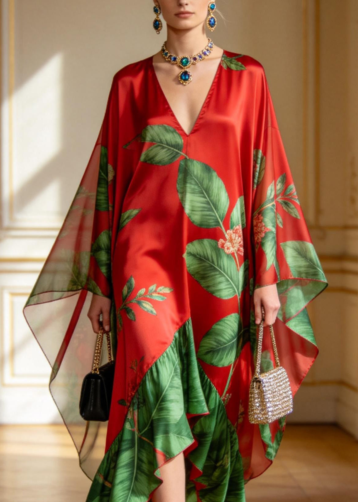 Beautiful V Neck Asymmetrical Design Print Chiffon Dress Summer