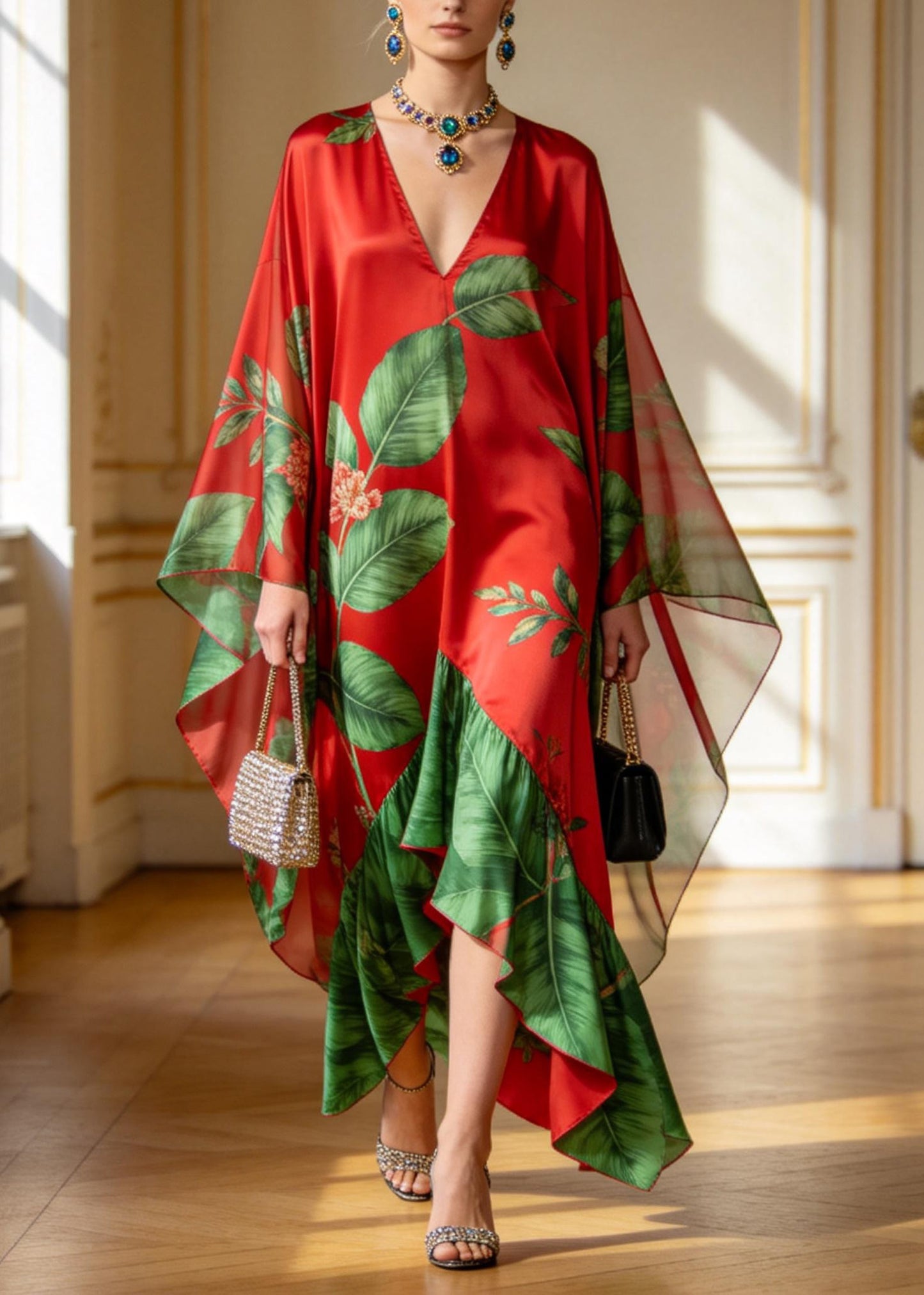 Beautiful V Neck Asymmetrical Design Print Chiffon Dress Summer