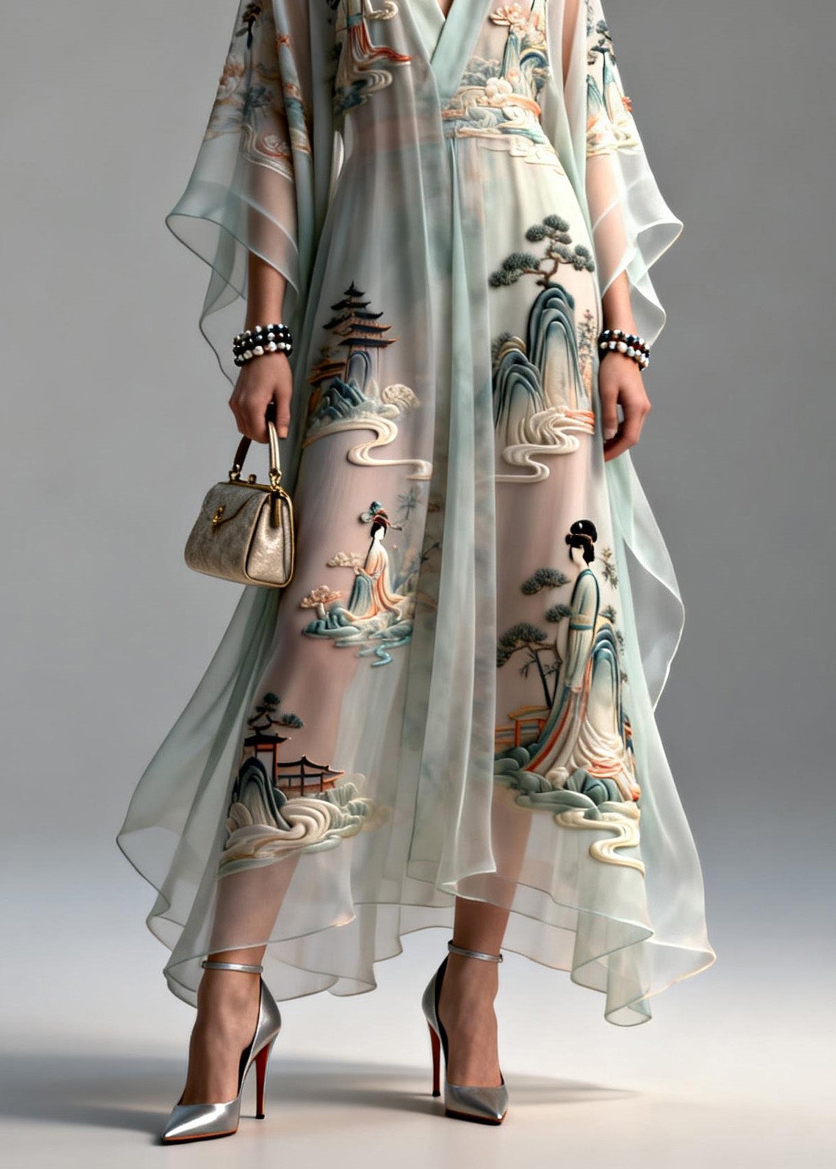 Beautiful V Neck Asymmetrical Design Print Chiffon Dress Summer