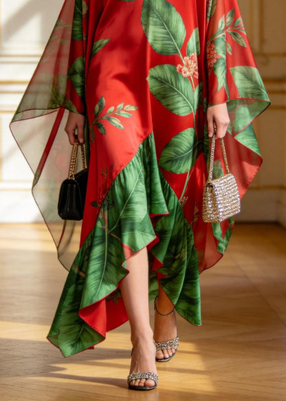Beautiful V Neck Asymmetrical Design Print Chiffon Dress Summer
