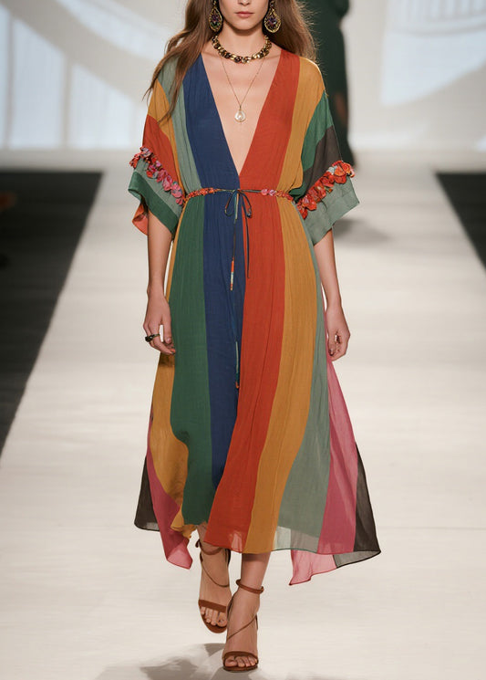 Beautiful V Neck Floral Patchwork Lace Up Cotton Dresses Summer