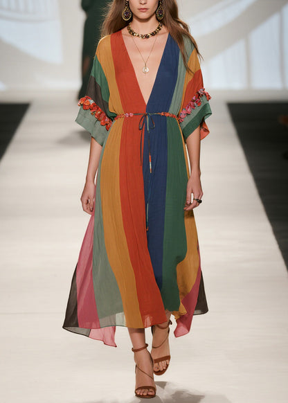 Beautiful V Neck Floral Patchwork Lace Up Cotton Dresses Summer