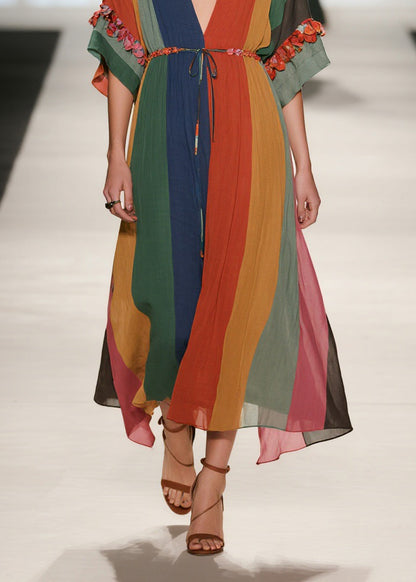 Beautiful V Neck Floral Patchwork Lace Up Cotton Dresses Summer