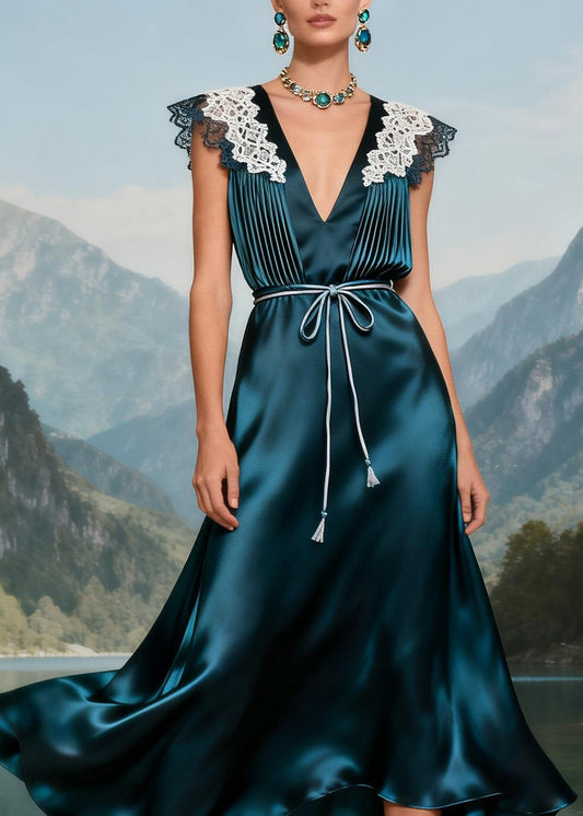 Beautiful V Neck Lace Patchwork Tie Waist Silk Long Dress Summer